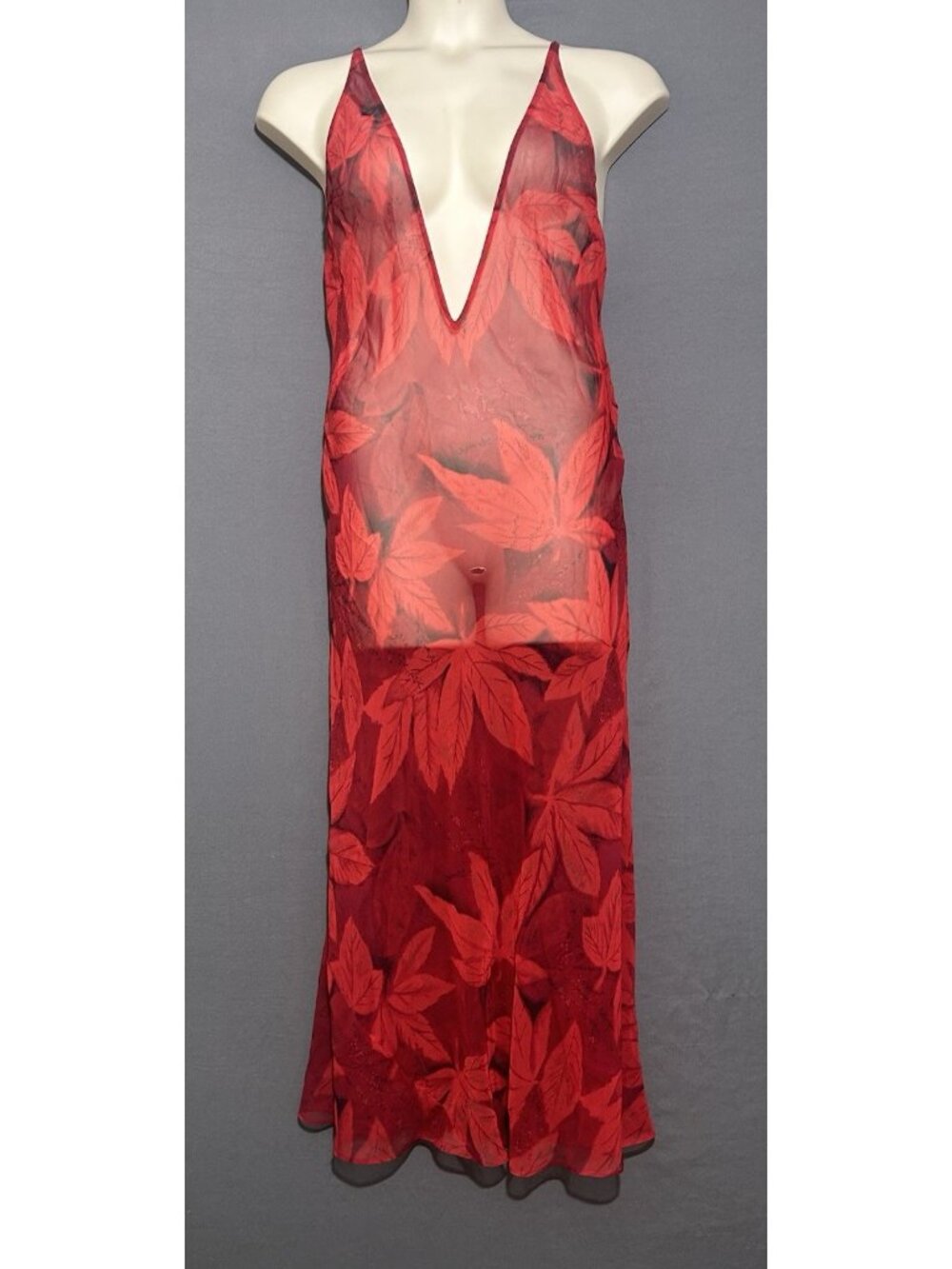 Frederick’s Of Hollywood Sheer Nightgown Sz Large Red Leaf Pattern Side Split